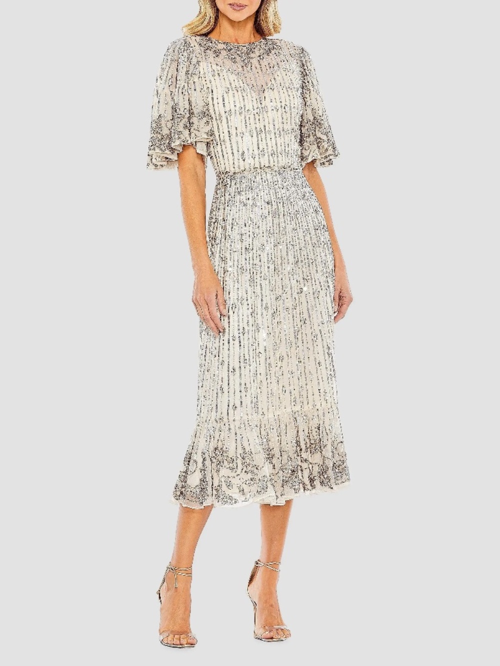 Mac Duggal Flounce Sleeve Midi Dress - Silver - NWT